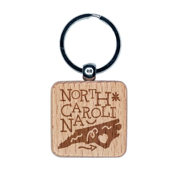 North Carolina State with Text Swirls Square Keychain Charm Tag - Engraved Wood