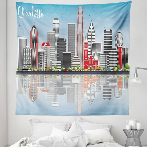 North Carolina Tapestry, Charlotte Skyline with Urban Skyscrapers Buildings City Landscape, Fabric Wall Hanging Decor for Bedroom Living Room Dorm, 5 Sizes, Blue Pale Grey Coral, by Ambesonne