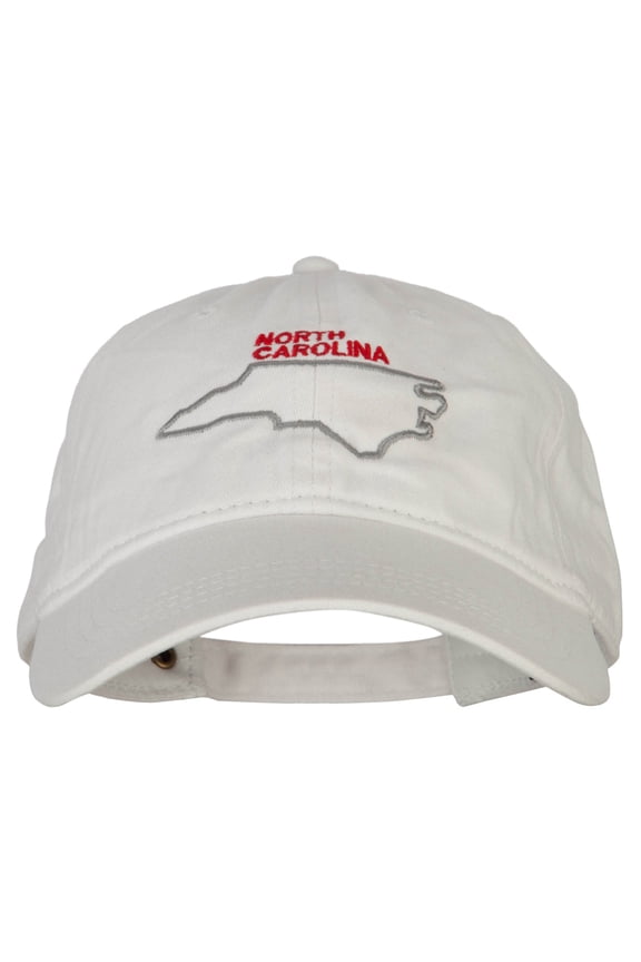 North Carolina with Map Outline Embroidered Washed Cotton Twill Cap - White OSFM