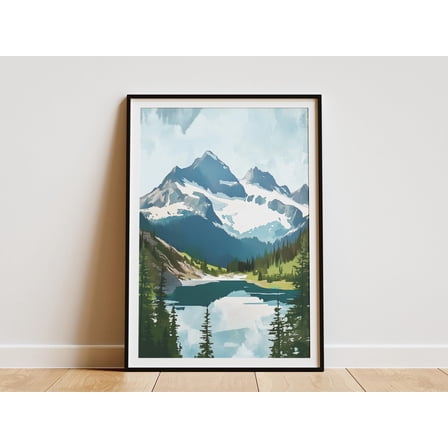 North Cascades National Park Poster Vintage Travel Print Simple Mountain Lake Wall Art Washington State Decor Pacific Northwest PNW - Poster Unframed