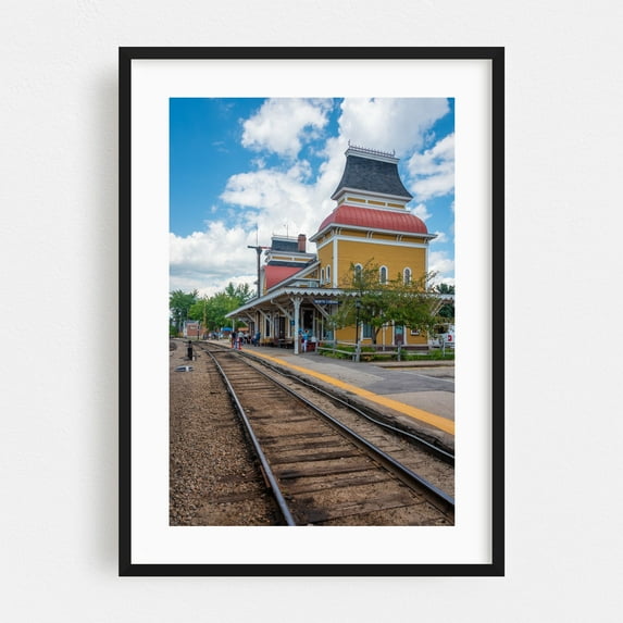 North Conway Station - Conway New Hampshire Photography Architecture Vintage Travel Poster Scenic Rustic Landscape Street Photography Black Framed Wall Art Print 5 x 7 inches