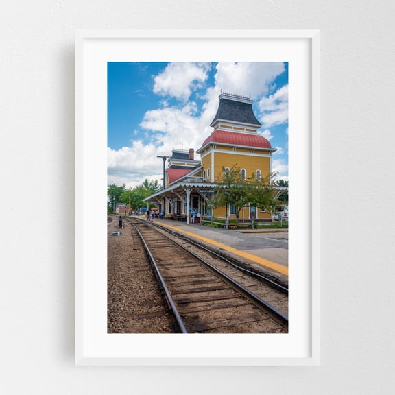 North Conway Station - Conway New Hampshire Photography Architecture Vintage Travel Poster Scenic Rustic Landscape Street Photography White Framed Wall Art Print 5 x 7 inches