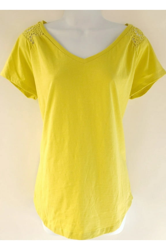 North Crest Relaxed Fit Crochet Short Sleeve V-Neck Blouse, Women's Medium