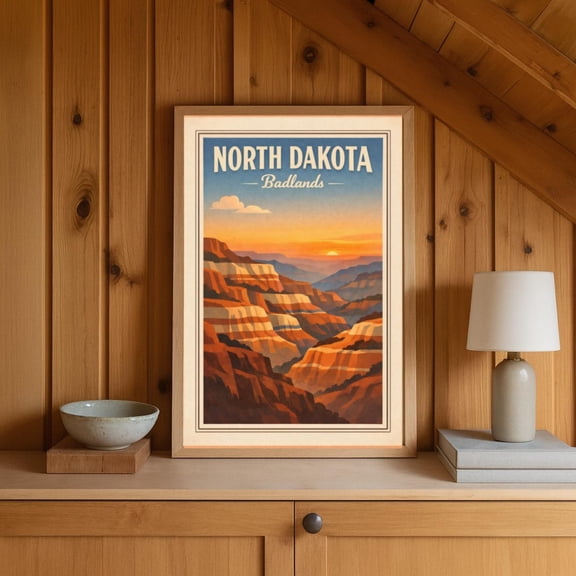North Dakota Badlands Sunset Vintage Travel Wall Art Unframed Paper Print