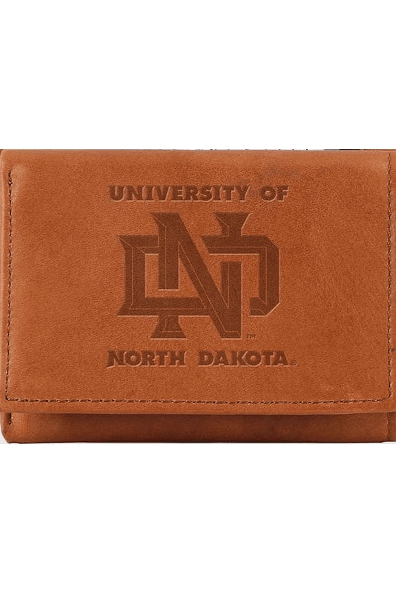 North Dakota Fighting Hawks UND Trifold Wallet - Embossed Brown Leather