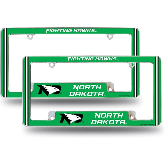 North Dakota NCAA Fighting Hawks (Set of 2) Chrome Metal License Plate Frames with Bold Full Frame Design