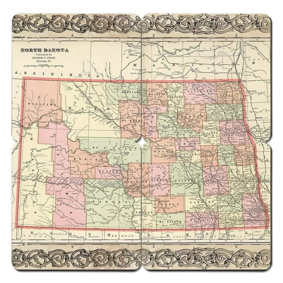 Torched North Dakota Old World Map 4 Piece Coaster 4"x4"x.25 Multicolor