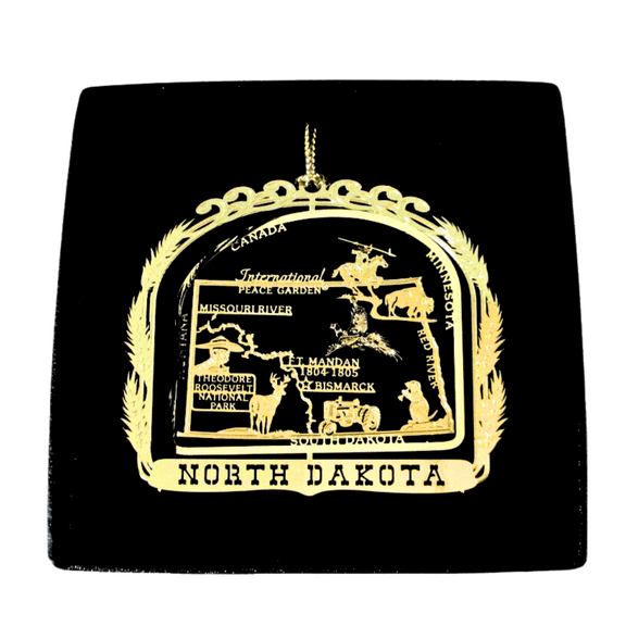 North Dakota State Brass Ornament Black Leatherette Gift Box
