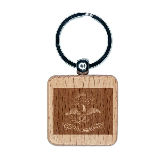 North Dakota State Flag Square Keychain Charm Tag - Engraved Wood