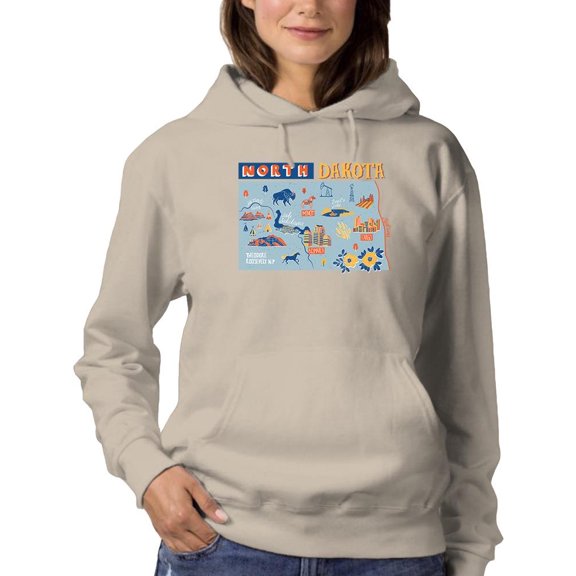 North Dakota State Tourist Map Hoodie Women -Image by Shutterstock, Female Medium