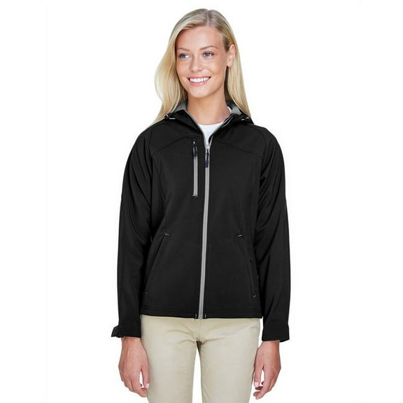 North End 78166 Women's Prospect Two-Layer Fleece Bonded Soft Shell Hooded Jacket-Black-2XL