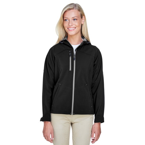 North End 78166 Women's Prospect Two-Layer Fleece Bonded Soft Shell Hooded Jacket-Black-3XL