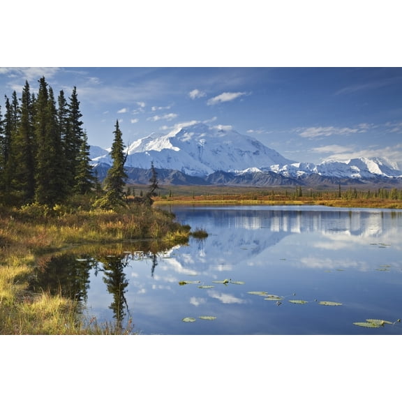 The North Face And Peak Of Mt Mckinley Is Reflected In A Small Tundra Pond In Denali National Park Alaska Canvas Art - John Delapp Design Pics (17 x 11)