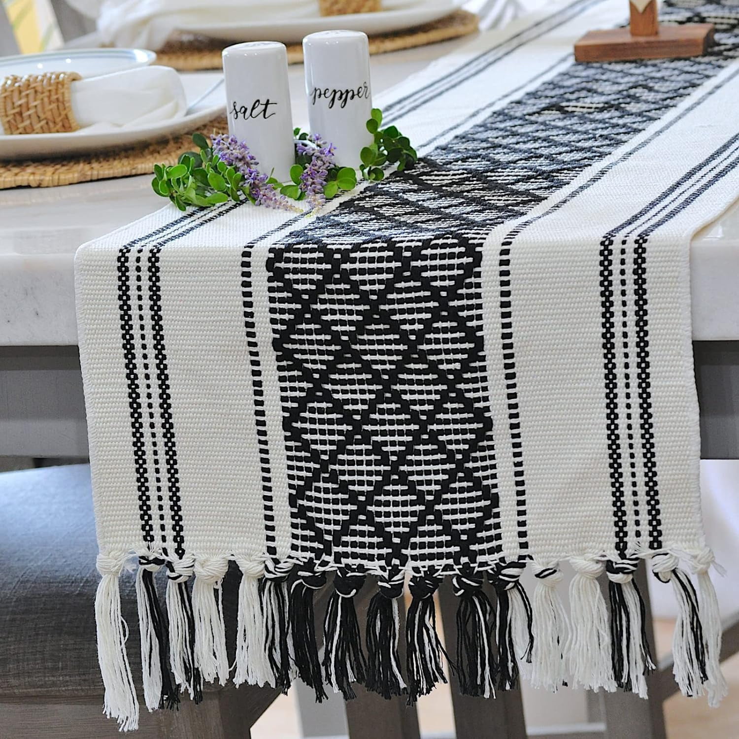 North Field Handloom Cotton Table Runner - 14" X 54", Black Zig Zag Design For 6-8 Seater Dining Table