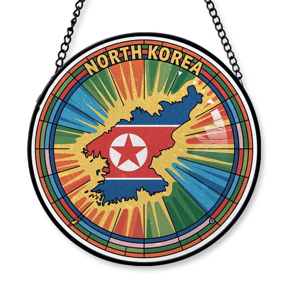 North Korea Travel Decor Suncatcher Stained Glass Window Hanging, Gift for Traveller, Collection of Country Travel Souvenirs for Family and Friends, North Korea Map and Flag Décor