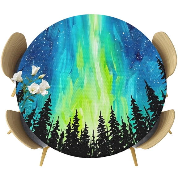 North Lights Round Tablecloth 45-54 Inch Round Fitted Table Cloth with Elastic Edge, Dreamy Emerald Cyan Starry Sky Nature Waterproof Table Cover Protector for Outdoor Picnic Party Dining