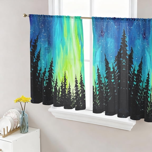 North Lights Sheer Curtains 45 Inch Length 2 Panels Set, Dreamy Emerald Cyan Starry Sky Nature Voile Window Treatment Rod Pocket Small Kitchen Curtains Drapes for Bedroom 52"x45"x2