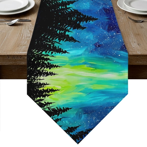 North Lights Table Runner Linen Burlap Table Runner 36 Inches Small Dreamy Emerald Cyan Starry Sky Nature Dresser Scarves for Kitchen Island Coffee Dining Room Party Wedding Holiday Decor 13"x36"