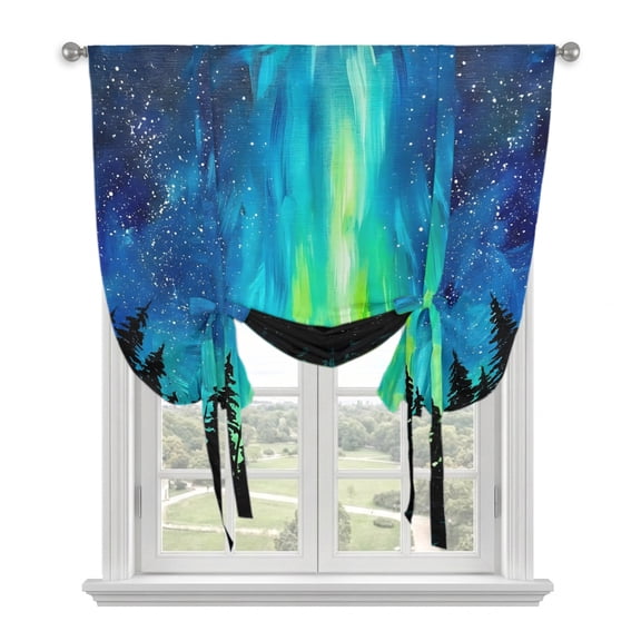 North Lights Tie Up Curtains for Window, Thermal Insulated Balloon Shade Adjustable Rod Pocket Curtains Valance Panels for Kitchen Bathroom Cafe 52 x 63 Dreamy Emerald Cyan Starry Sky Nature