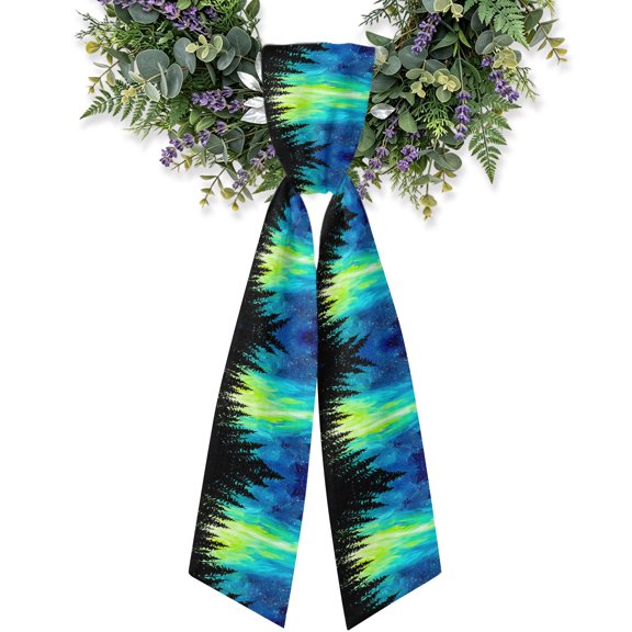 North Lights Wreath Sash for Front Door, Dreamy Emerald Cyan Starry Sky Nature Wreath Bow Holiday Garland Ribbon Wreath Accessories for Home Yard Porch Doorway Fall Christmas Decorations Gifts