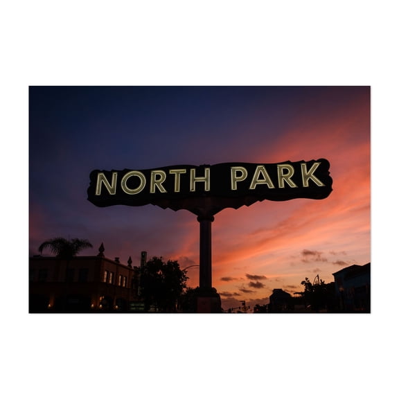 North Park Sign, San Diego - San Diego California Photography Neon Sign City Night Sky Sunset Architecture Travel Poster Silhouette Unframed Wall Art Print 40 x 60 inches