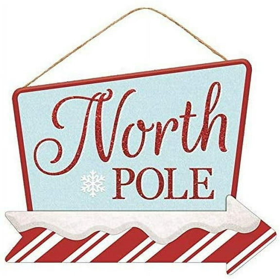 North Pole Arrow Christmas Sign - 12.5" x 10", Light Blue, Red & White, Wreath, Winter