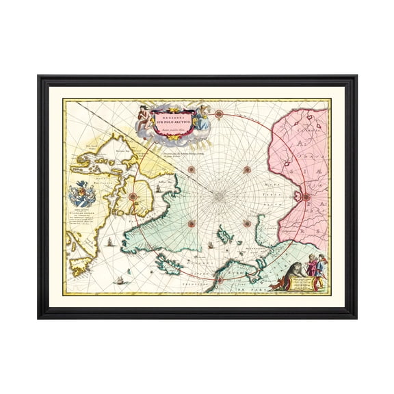 North Pole Canada, Greenland Art, 1665 Vintage Map of North Pole Canada, Greenland History Wall Decor Gift, Old North Pole Map - 24" x 18" Black Framed Print