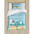 thumbnail image 1 of North Pole Duvet Cover Set, Iglo Eskimo Polar Bear Penguin on a Book Fiction Land, Decorative 2 Piece Bedding Set with 1 Pillow Shams, Twin Size, Pale Blue and Multicolor, by Ambesonne, 1 of 3