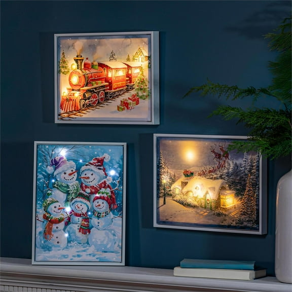 North Pole Express Wall Decor, LED Canvas with White Frame, Holiday Scenes, 16" L x 12" H, Asst of 3