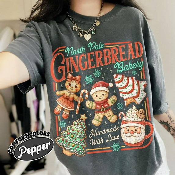 North Pole Gingerbread Bakery Comfort Colors T-Shirt, Handmade with Love Christmas Cookie Tee, Holiday Baking Shirt