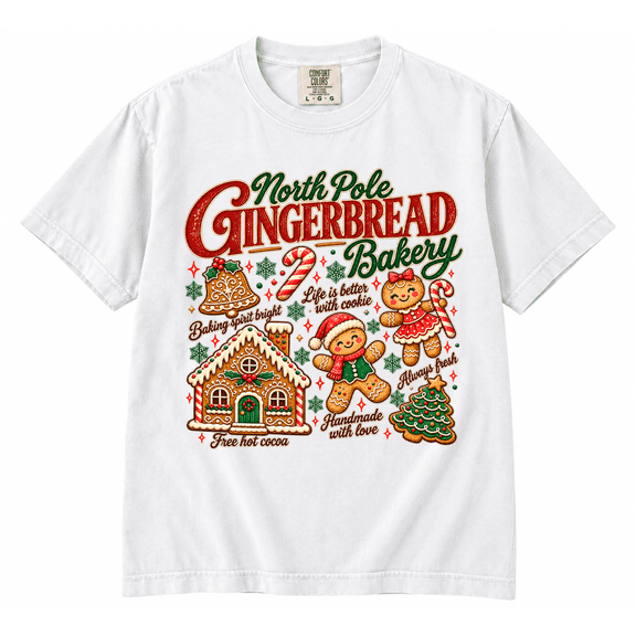North Pole Gingerbread Bakery Shirt, Christmas Cookie Graphic Tee, Cute Gingerbread Christmas T-Shirt, Vintage Holiday Baking Gift
