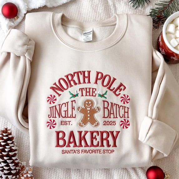 North Pole Gingerbread Embroidered Sweatshirt, Jingle Batch Baker Sweatshirt, Christmas Sweater, Gingerbread Shirt, Bakery Christmas Shirt