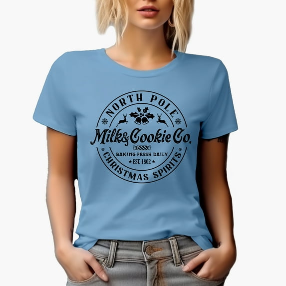 North Pole Milk & Cookie Co, Baking Fresh Daily, Christmas Shop Sign Art Merch Gift, Baby Blue T-Shirt, 2XL