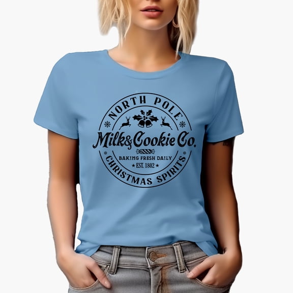 North Pole Milk & Cookie Co, Baking Fresh Daily, Christmas Shop Sign Art Merch Gift, Baby Blue T-Shirt, Medium