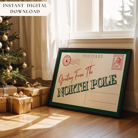 North Pole Postcard Winter Typography Wall Art Poster Unframed Paper Print