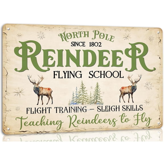 North Pole Reindeer Flying School Vintage Christmas Metal Tin Sign Retro Poster Wall Art for Kitchen Cafe Bar Home Farmhouse Decor Winter Plaque Christmas Decoration 8x12 inches