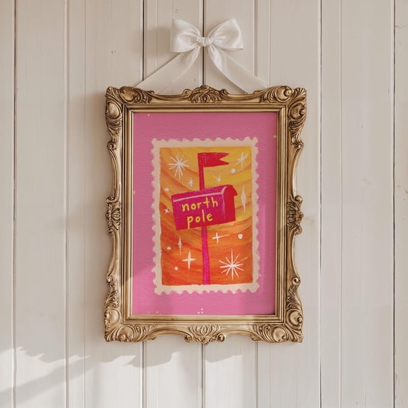 North Pole Retro Winter Festive Wall Art Vintage Stamp Festive Print Pink Retro Winter Festive Poster Festive Festive Decor Pink Winter Festive Decor, Unframed Canvas Size 8x12 F03.1.15l1125