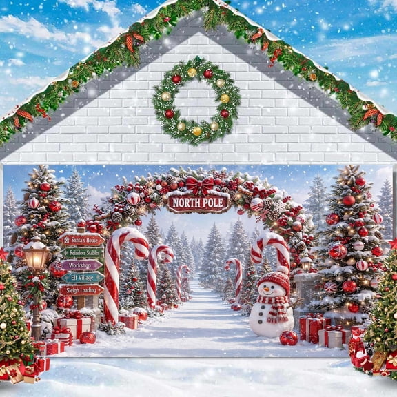 North Pole Snowman Candy Cane Garage Door Cover, Winter Wonderland Outdoor Banner for Xmas Holiday Party Home Wall Decor 8X6ft