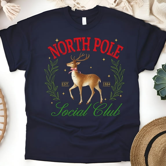 North Pole Social Club T-Shirt | Reindeer Holiday Graphic Tee, Navy, Size S