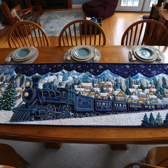 North Pole Train Quilted Kitchen Table Runner, Charming Farmhouse Dining and Home Decor
