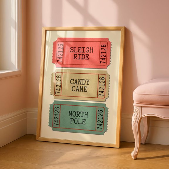 North Pole Wall Art Sleigh Ride Sign Candy Cane Quotes Ticket Season Decor Design1 Unframed Paper Print