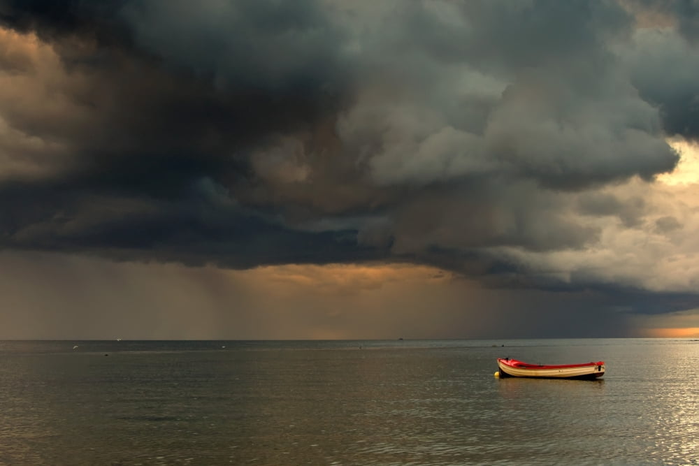 North Sea Sunderland Tyne And Wear England Dark Clouds And Lone Boat Canvas Art - John Short Design Pics (17 x 11)