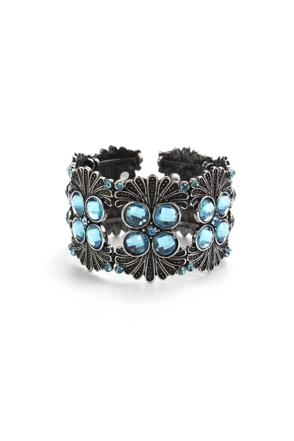 Vintage Art Deco Flexible Hinged Cuff Bracelet with Blue Crystal Stones Jewelry Bracelet Silver