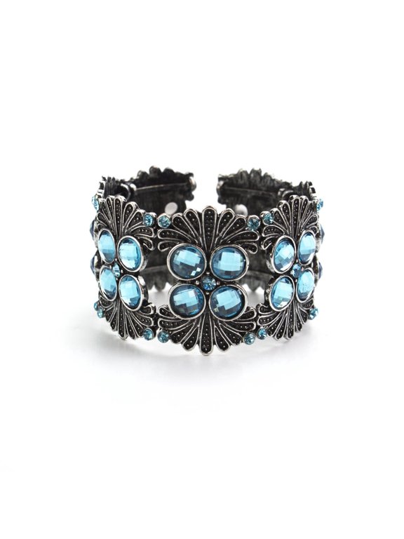 Vintage Art Deco Flexible Hinged Cuff Bracelet with Blue Crystal Stones Jewelry Bracelet Silver