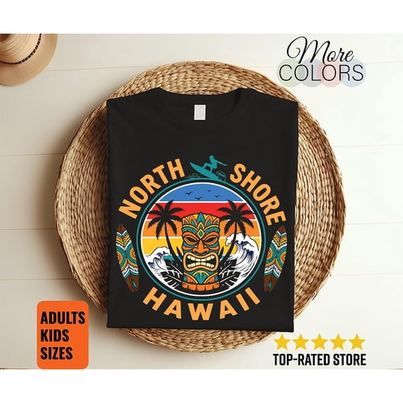 North Shore Hawaii Tiki Surf T-Shirt Hawaiian Beach Surfing Aloha Island Wave Gift Tee Apparel