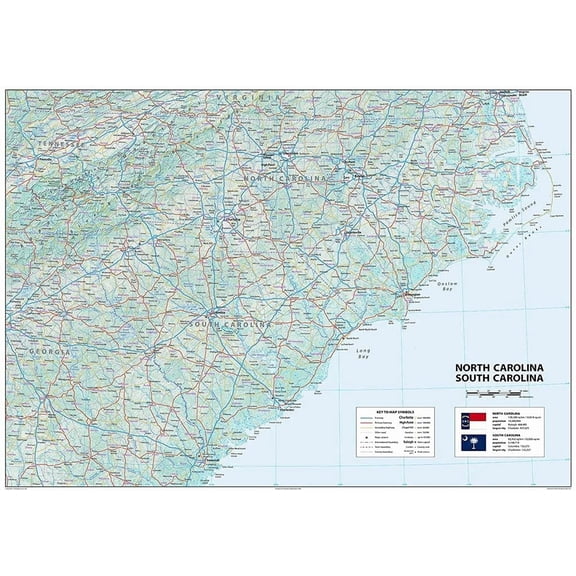 North & South Carolina Physical Map - 23.3 x 16.5 Inches Paper Laminated