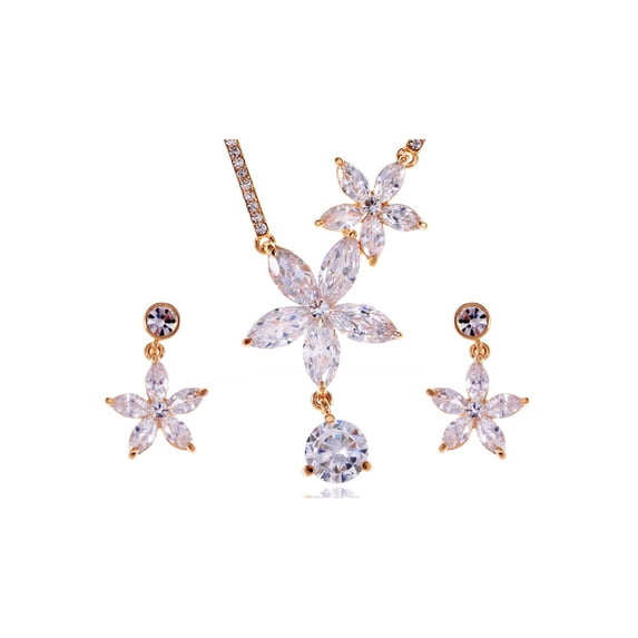 North Star Flower Winter Snowflake Clear Crystal Necklace Earring Set
