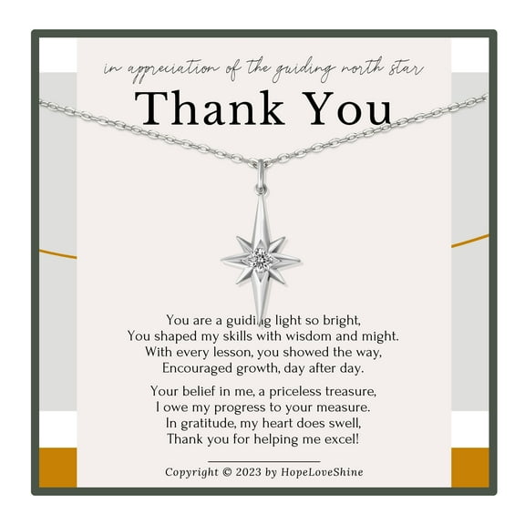 HOPE LOVE SHINE North Star Thank You Teacher Necklace Silver Mentor, Boss, or Teacher Appreciation Gift for Women