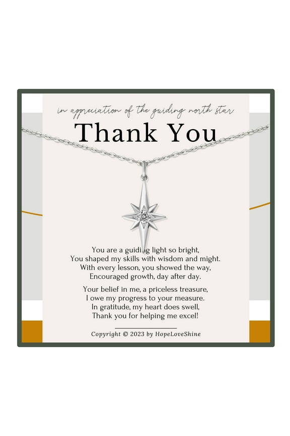 North Star Thank You Teacher Necklace Silver Mentor, Boss, or Teacher Appreciation Gift for Women