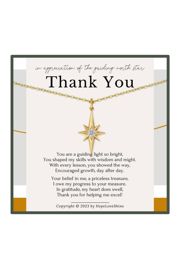 North Star Thank You Teacher Necklace – Mentor, Boss, or Teacher Gold Appreciation Gift for Women